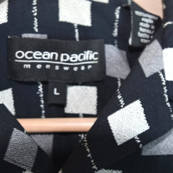 Vintage OP Ocean Pacific Flowy Geo Print Button Up Shirt Surf Faded Black Large - Picture 5 of 7